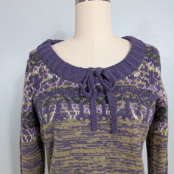 SOL Baby Alpaca Pullover Sweater L Purple Yellow Fair Isle Bow Scoop Soft Bow - Picture 6 of 13
